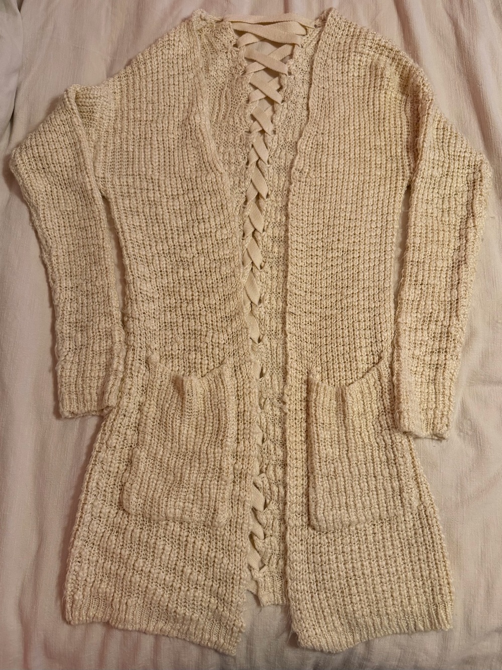 Cream Open-Front Knit Cardigan with Lace-Up Detail